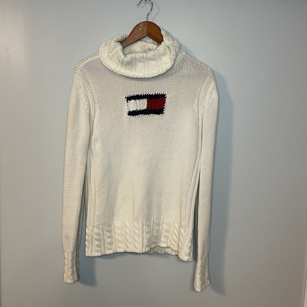Tommy Hilfiger Flag Pullover Crewneck Sweater Women's L Y2K Knit Cream‎